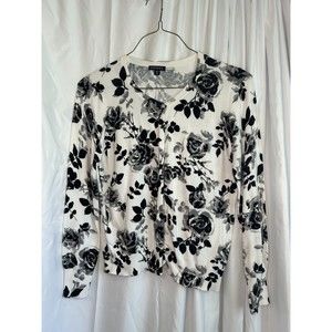 George Black and White Floral Button Up Cardigan Sweater Size XL